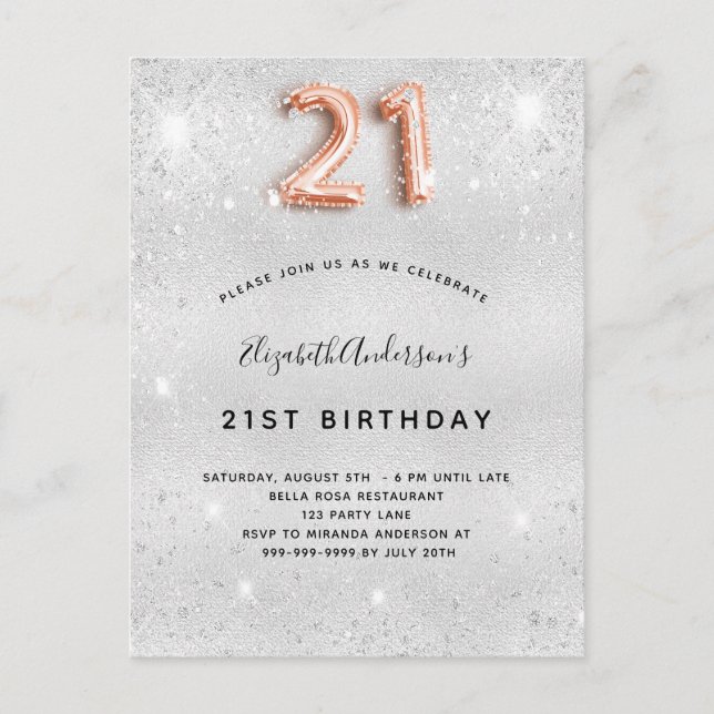 Invitation Carte Postale 21e anniversaire argent or rose (Devant)