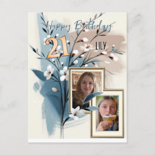 Invitation Carte Postale 21e Anniversaire crème bleu fleur amande