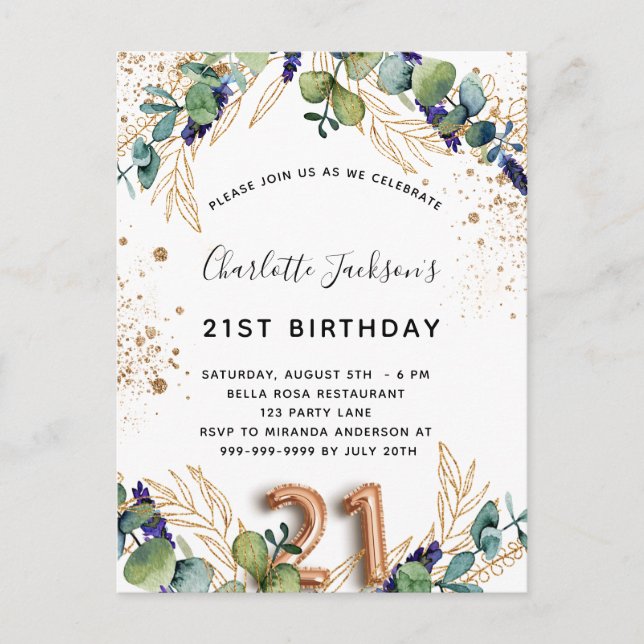 Invitation Carte Postale 21e anniversaire eucalyptus parties scintillant ve (Devant)