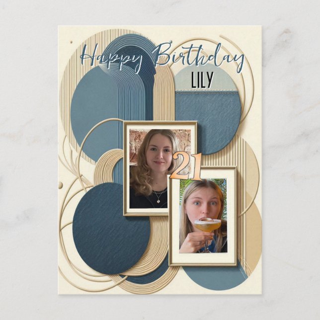 Invitation Carte Postale 21e Anniversaire Fleur d'amande bleu-crème Invitat (Devant)