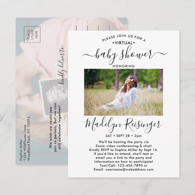 Invitation Carte Postale 2 Baby shower virtuel photo par Mail Script modern (Devant / Derrière)