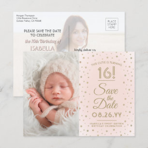 Invitation Carte Postale 2 Photo Sweet 16 Anniversaire Blush Gold Enregistr