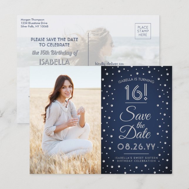 Invitation Carte Postale 2 Photo Sweet 16 Anniversaire Sauvegarder la date  (Devant / Derrière)