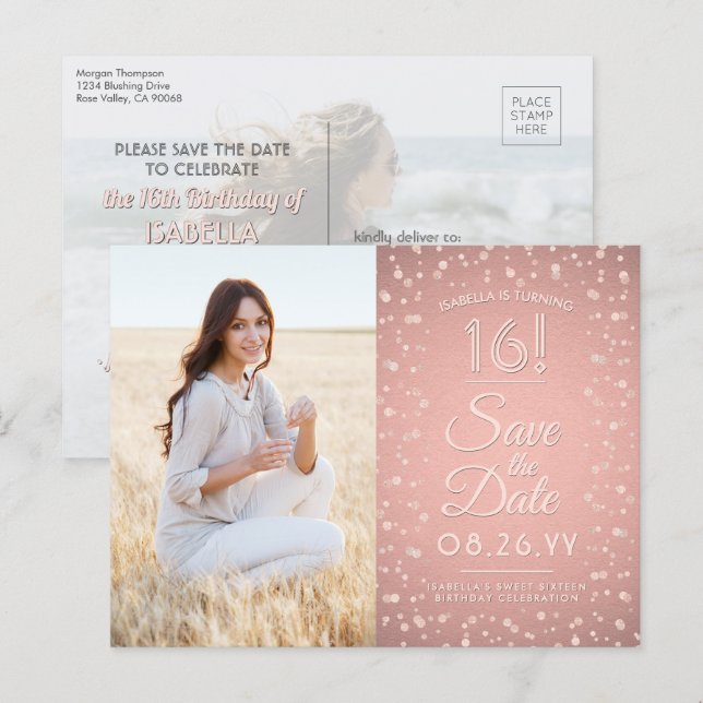 Invitation Carte Postale 2 Photo Sweet 16 Enregistrer la date Rose Parties  (Devant / Derrière)