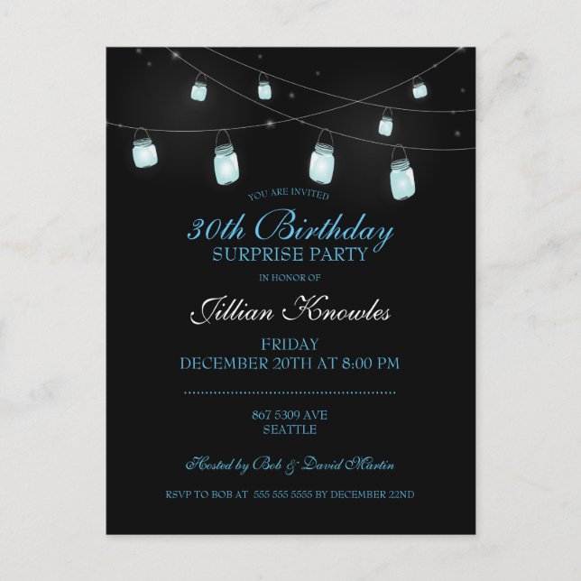 Invitation Carte Postale 30e anniversaire Elégant Mason Bleu Jar Fun (Devant)