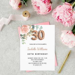 Invitation Carte Postale 30e anniversaire fleurie rose or eucalyptus vert