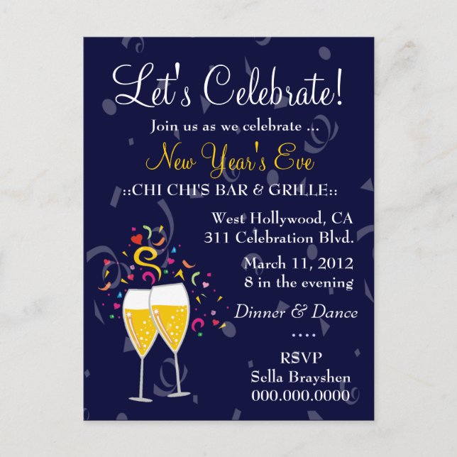 INVITATION CARTE POSTALE 311-CÉLÉBRATION CHAMPAGNE BLEU NAVY (Devant)