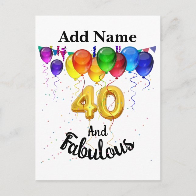 Invitation Carte Postale 40 et fabuleux ballons d'anniversaire (Devant)