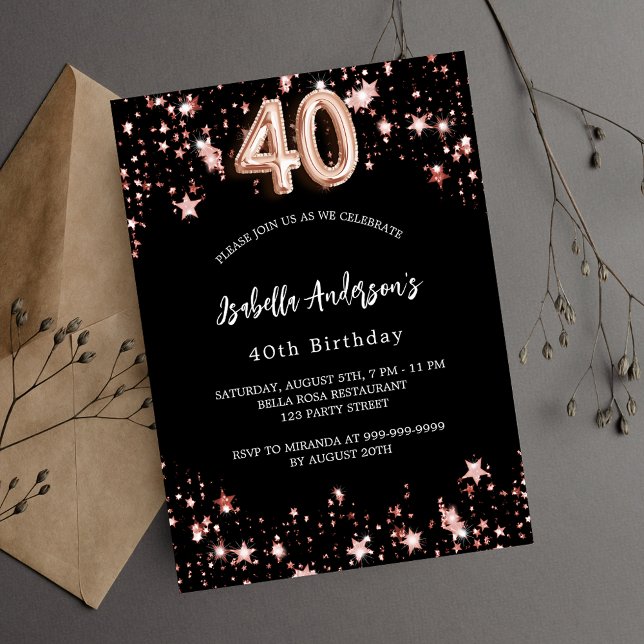 Invitation Carte Postale 40e anniversaire noir rose étoiles d'or (Créateur téléchargé)