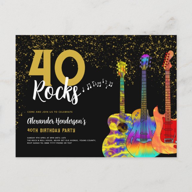 Invitation Carte Postale 40e fête d'anniversaire 40 Rocks Guitar Parties sc (Devant)