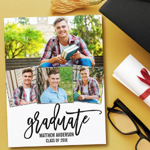 Invitation Carte Postale 4 Photo Moderne Brosse Script Graduation Party