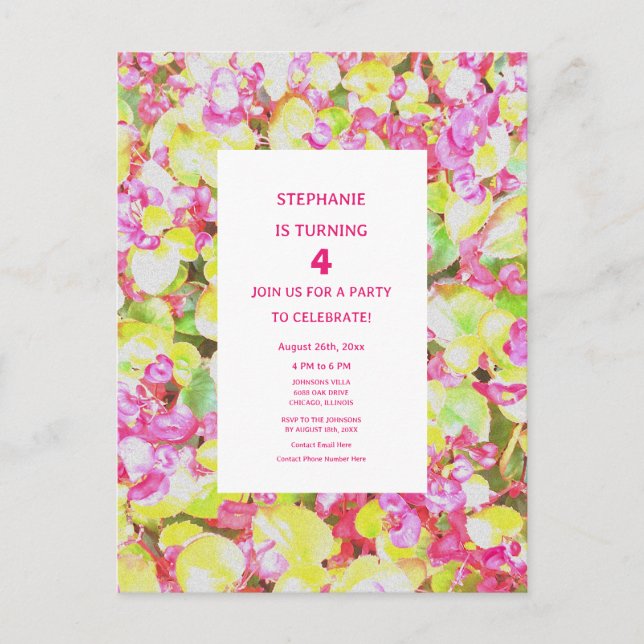 Invitation Carte Postale 4e anniversaire Quatrième Floral Vert rose âge per (Devant)