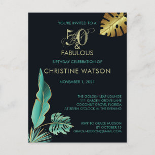 Invitation Carte Postale 50 et Fabulous Green Gold Feuilles fête d'annivers