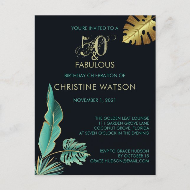 Invitation Carte Postale 50 et Fabulous Green Gold Feuilles fête d'annivers (Devant)