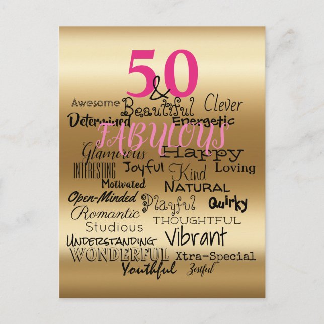Invitation Carte Postale 50 & Fabuleux Gold Pink Black Typographie d'annive (Devant)