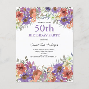 Invitation Carte Postale 50e anniversaire aquarelle Floral