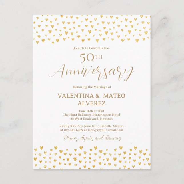 Invitation Carte Postale 50e anniversaire de Mariage Gold Heart Confetti (Devant)