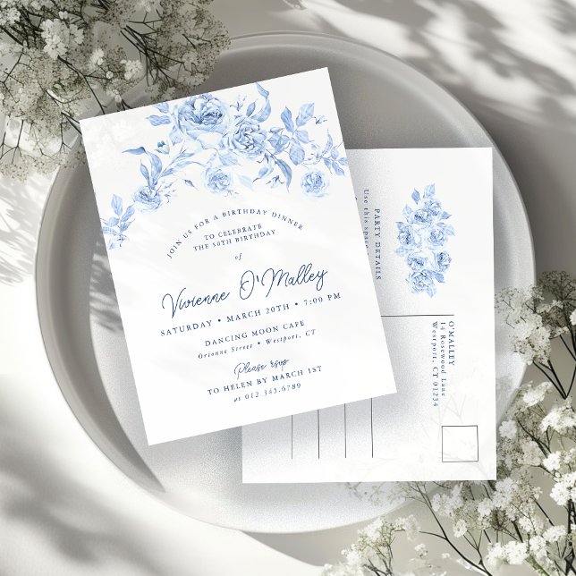 Invitation Carte Postale 50e anniversaire Diner Party Blue Floral (Créateur téléchargé)