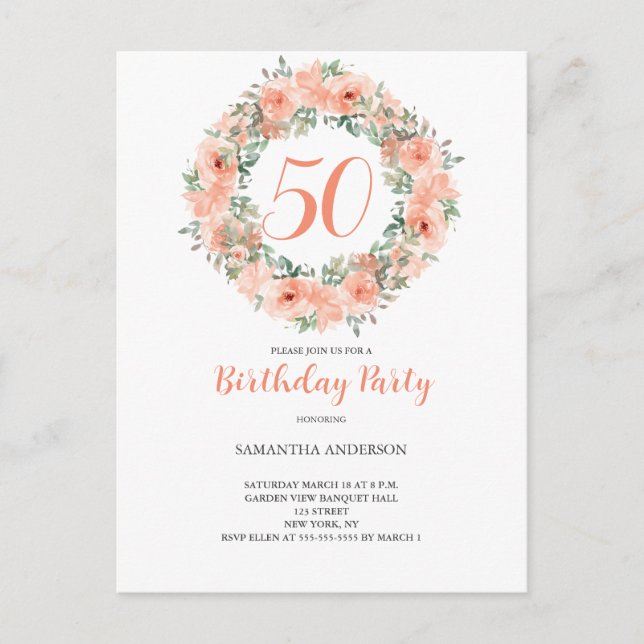 Invitation Carte Postale 50e Anniversaire Pêche Aquarelle Florale (Devant)