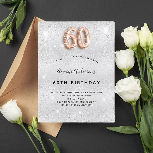 Invitation Carte Postale 60e anniversaire argent rose parties scintillant o (Créateur téléchargé)