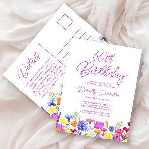Invitation Carte Postale 60e Anniversaire fête violet Fleurs sauvages abord