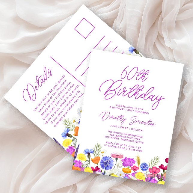 Invitation Carte Postale 60e Anniversaire fête violet Fleurs sauvages abord (Créateur téléchargé)