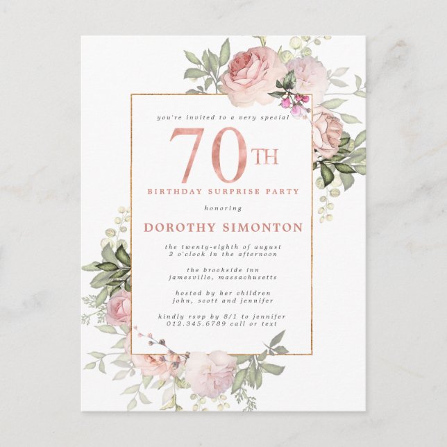 Invitation Carte Postale 70e anniversaire Surprise Party Rose rose Floral (Devant)