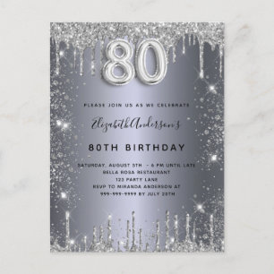 Invitation Carte Postale 80e anniversaire argent métal parties scintillant
