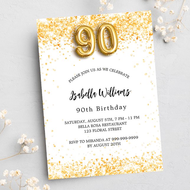 Invitation Carte Postale 90e anniversaire blanche parties scintillant or él (Créateur téléchargé)