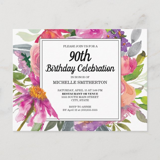 Invitation Carte Postale 90e anniversaire des femmes florales violettes ros (Devant)