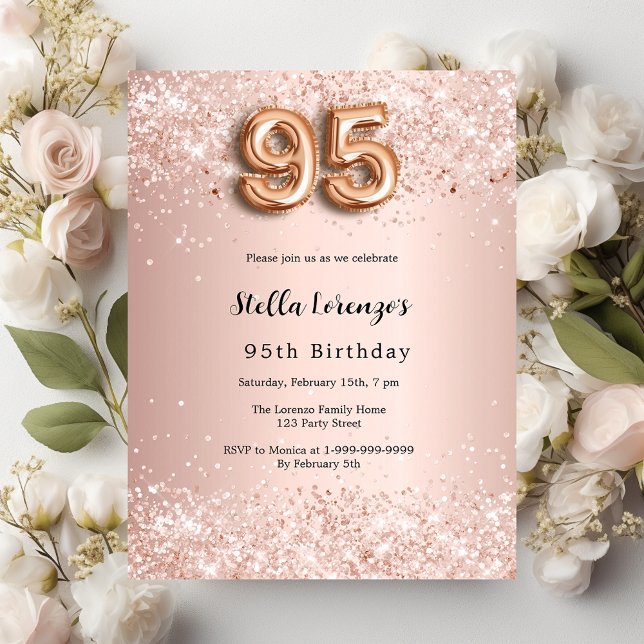 Invitation Carte Postale 95e anniversaire rose gold rose (Créateur téléchargé)