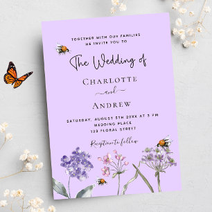 Invitation Carte Postale Abeille rose violet mariage fleur sauvage
