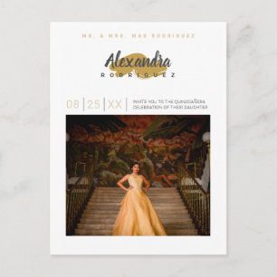 Invitation Carte Postale Acier Gris et Or Photo Quinceanera