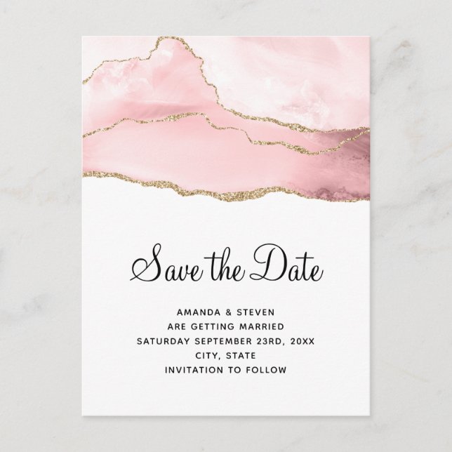 Invitation Carte Postale Agate rose vierge avec ruban doré mariage élégant (Devant)