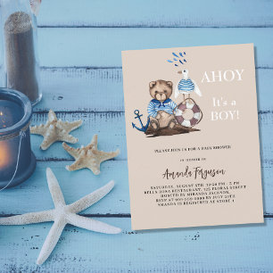 Invitation Carte Postale Ahoy c'est un garçon en peluche Baby shower marin