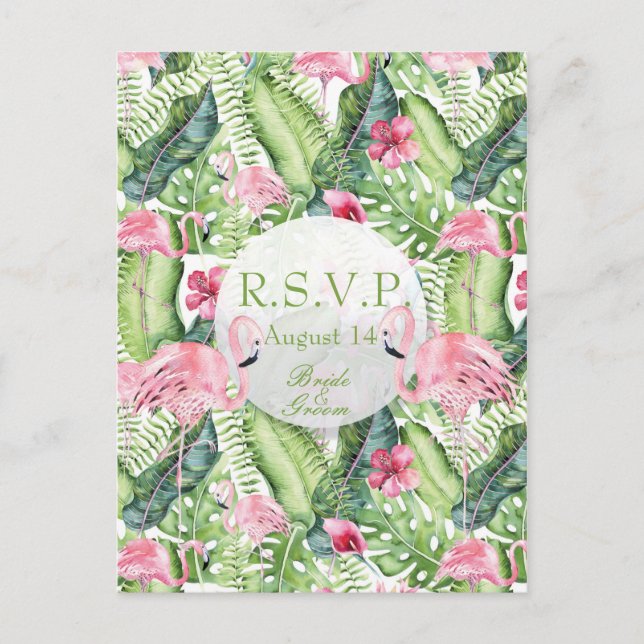 Invitation Carte Postale Aloha Flamant rose Plage tropicale Mariage RSVP (Devant)