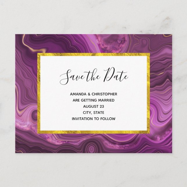 Invitation Carte Postale Améthyste pourpre et Abstrait d'or Enregistrer la  (Devant)