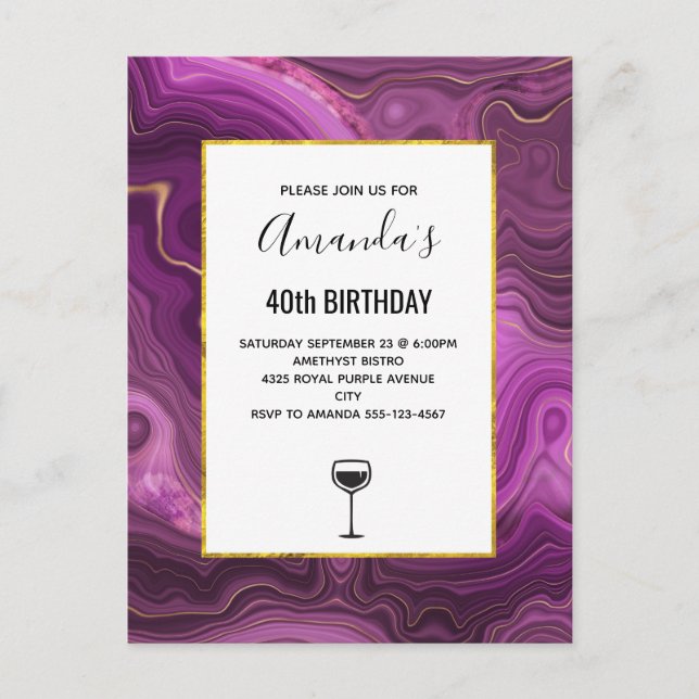 Invitation Carte Postale Améthyste Violet Et Agate Abstrait Or (Devant)