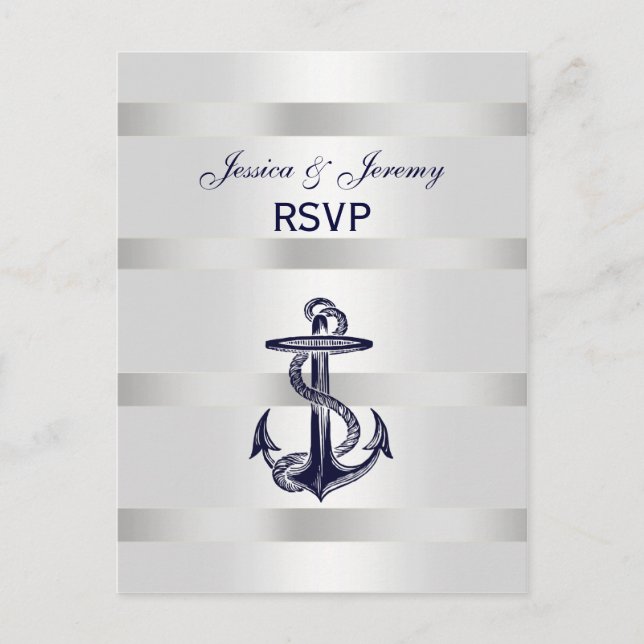 Invitation Carte Postale Ancre Blu de marine nautique Silver Wht RSVP 1 (Devant)