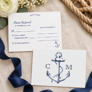 Invitation Carte Postale Ancre d'esquisse marine blanc RSVP