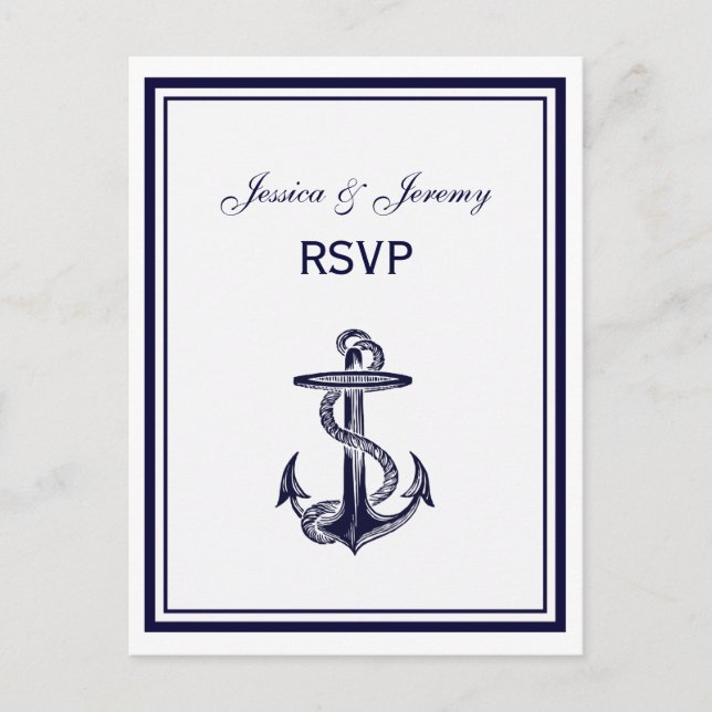 Invitation Carte Postale Ancre marine Bleu encadré 2 RSVP 1 (Devant)