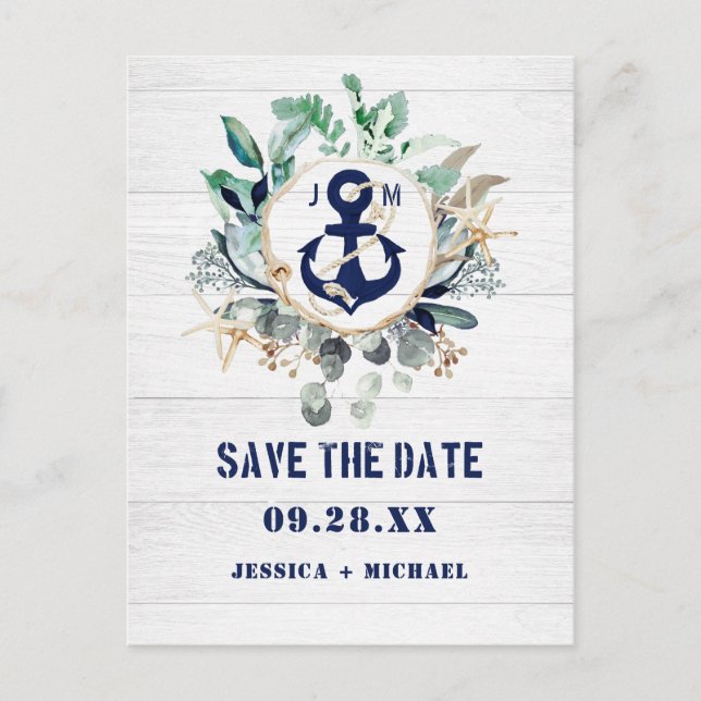 Invitation Carte Postale Ancre Nautique Floral Rustic Beach Enregistrer La  (Devant)