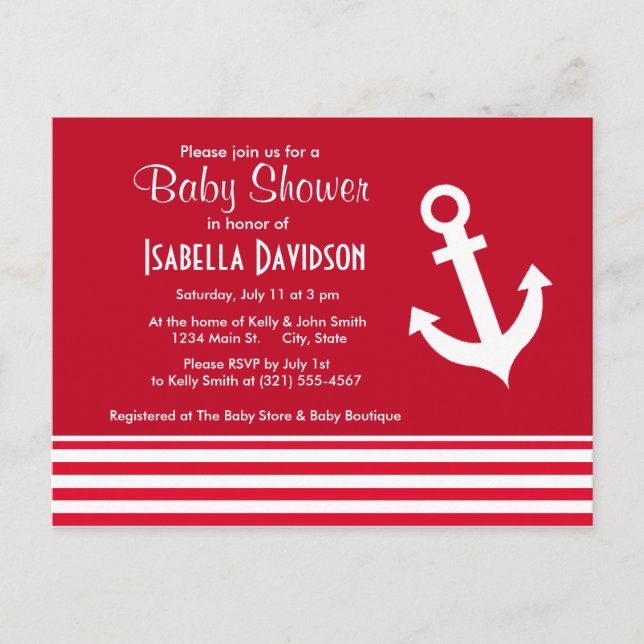 Invitation Carte Postale Ancre Nautique; Rayures rouges Cadmium; Rayures (Devant)