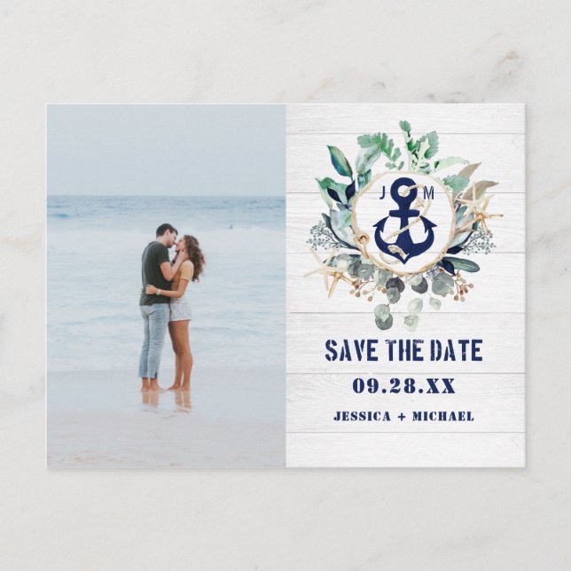 Invitation Carte Postale Ancre Nautique Rustique Plage Photo Enregistrer La (Devant)