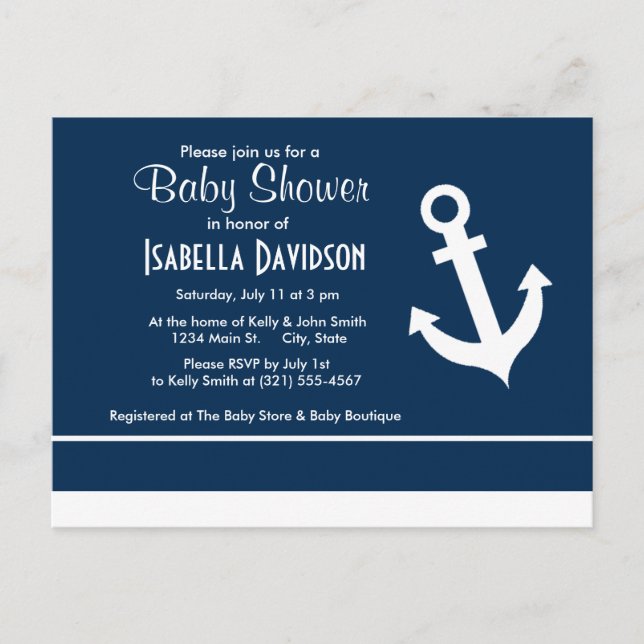 Invitation Carte Postale Ancre nautique sur les rayures bleues foncées de m (Devant)