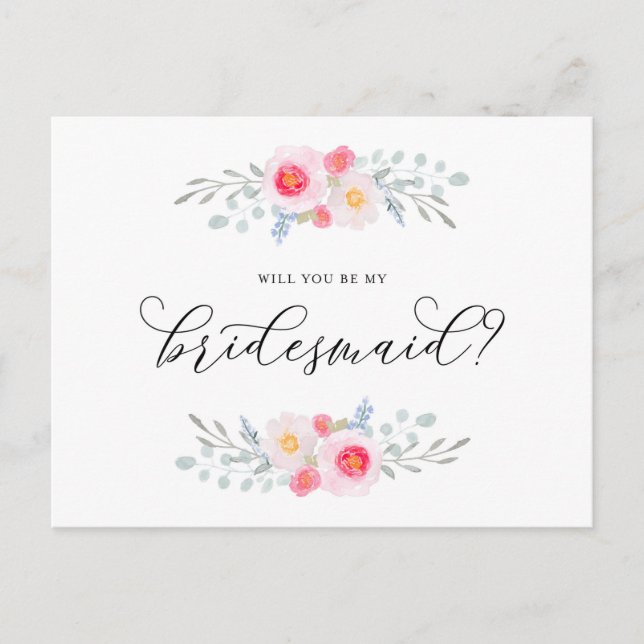 Invitation Carte Postale Anémones roses aquarelle Veux-tu être ma demoisell (Devant)