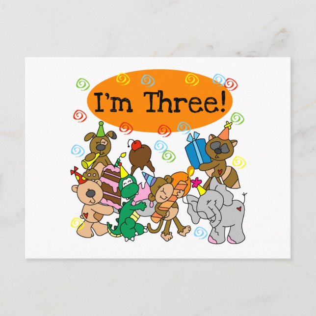 Invitation Carte Postale Animaux de fête T-shirts 3e anniversaire (Devant)