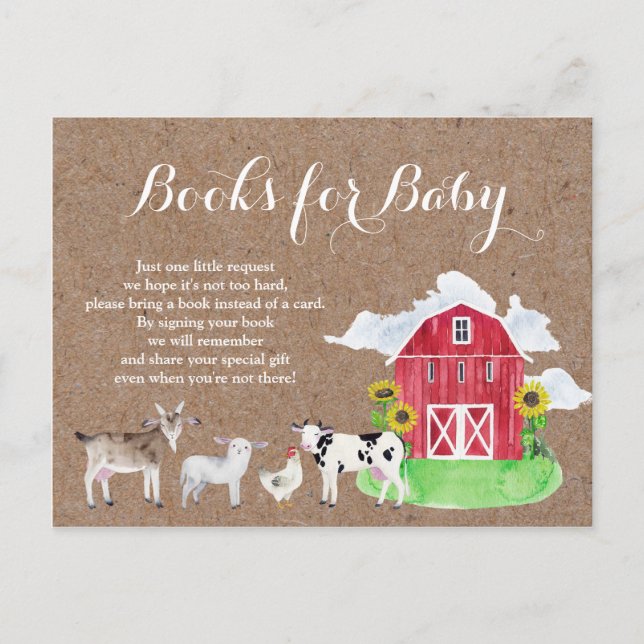 Invitation Carte Postale ANIMAUX DE LA FERME aquarelle kraft Livres pour Bé (Devant)