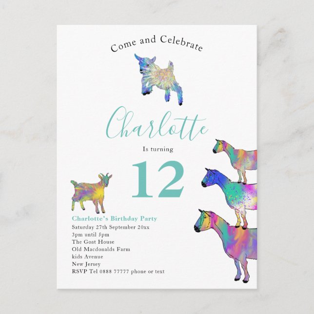 Invitation Carte Postale Animaux de la ferme de chèvres fête d'anniversaire (Devant)