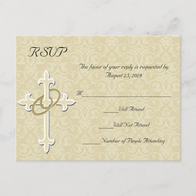 Invitation Carte Postale Anneaux d'or avec croix, Christian RSVP Réponse (Devant)